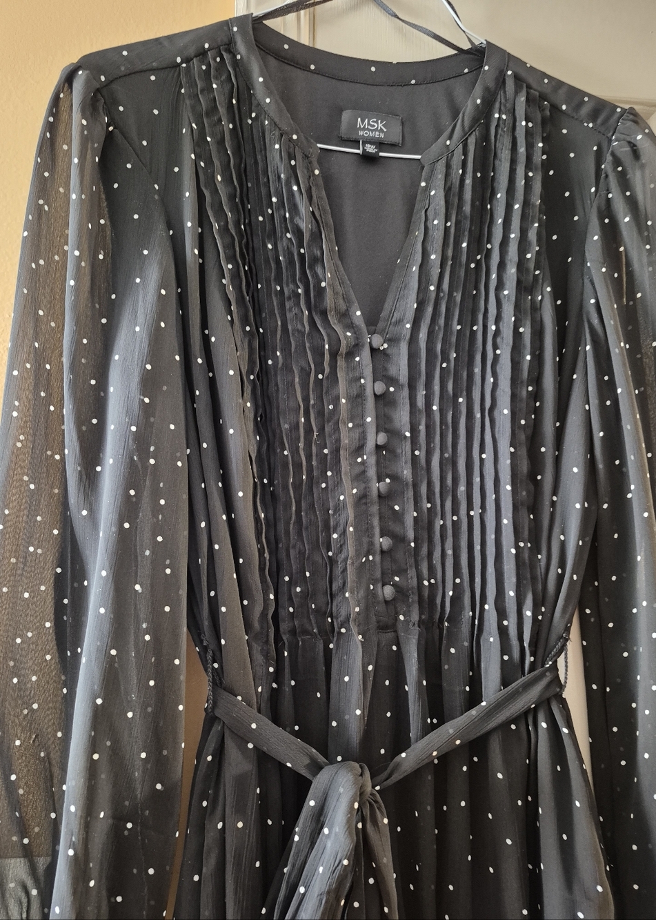 MSK Black Sheer Long-Sleeve Polka Dot Tie-Waist Dress
